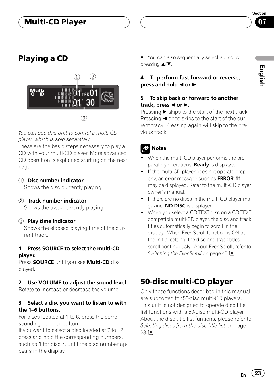 Playing a cd, Disc multi-cd player, Multi-cd player | Pioneer DEH-P6600R User Manual | Page 23 / 103