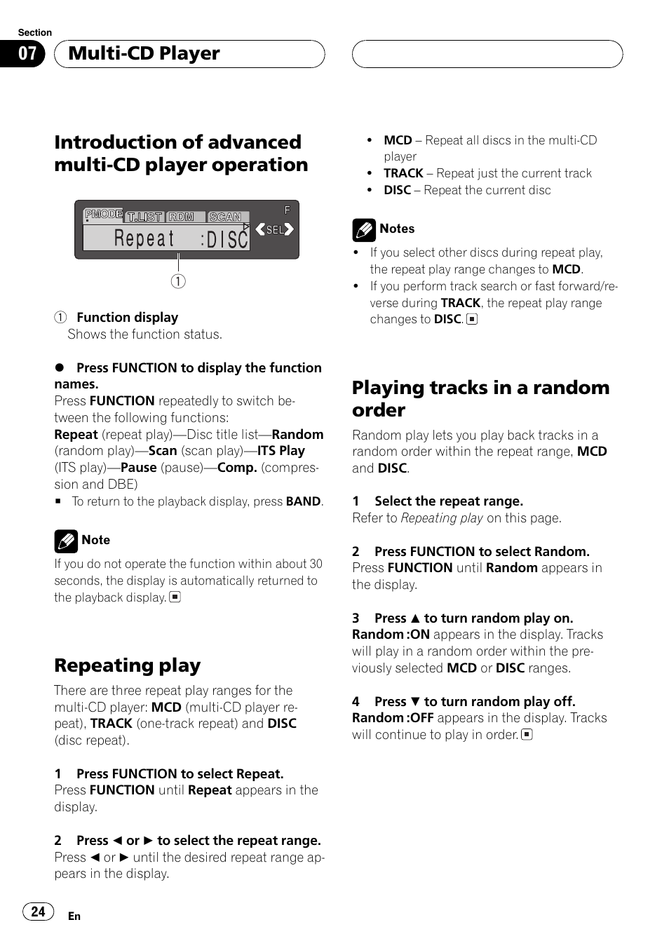 Introduction of advanced multi-cd player, Operation 24, The next | Introduction of advanced multi-cd player operation, Repeating play, Playing tracks in a random order, Multi-cd player | Pioneer DEH-P6600R User Manual | Page 24 / 103