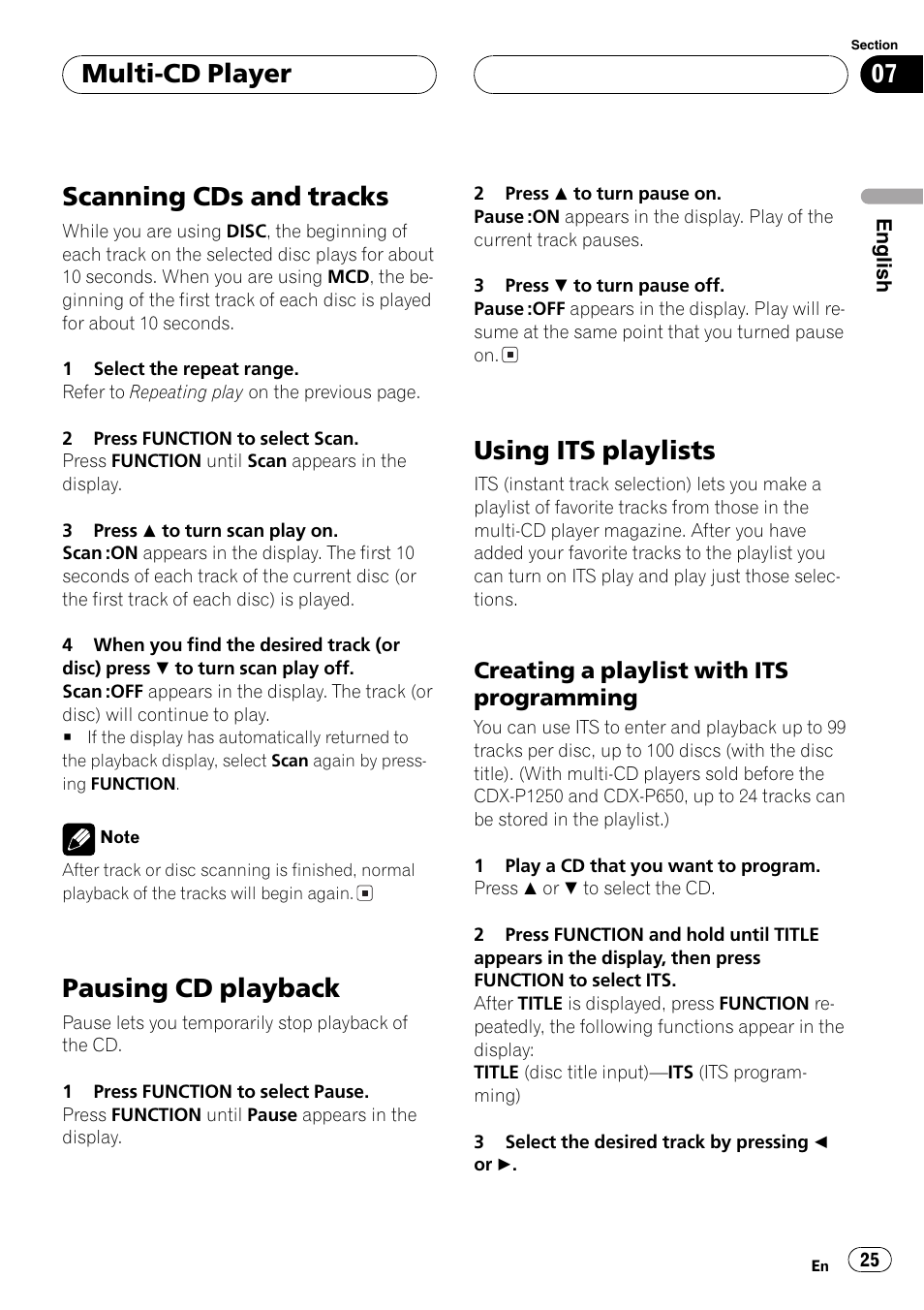 Creating a playlist with its, Programming 25, Scanning cds and tracks | Pausing cd playback, Using its playlists, Multi-cd player | Pioneer DEH-P6600R User Manual | Page 25 / 103