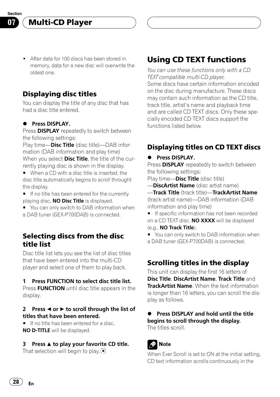 Displaying disc titles 28, Selecting discs from the disc title, List 28 | Using cd text functions 28, Displaying titles on cd text, Discs 28, Scrolling titles in the display 28, Using cd text functions, Multi-cd player, Displaying disc titles | Pioneer DEH-P6600R User Manual | Page 28 / 103