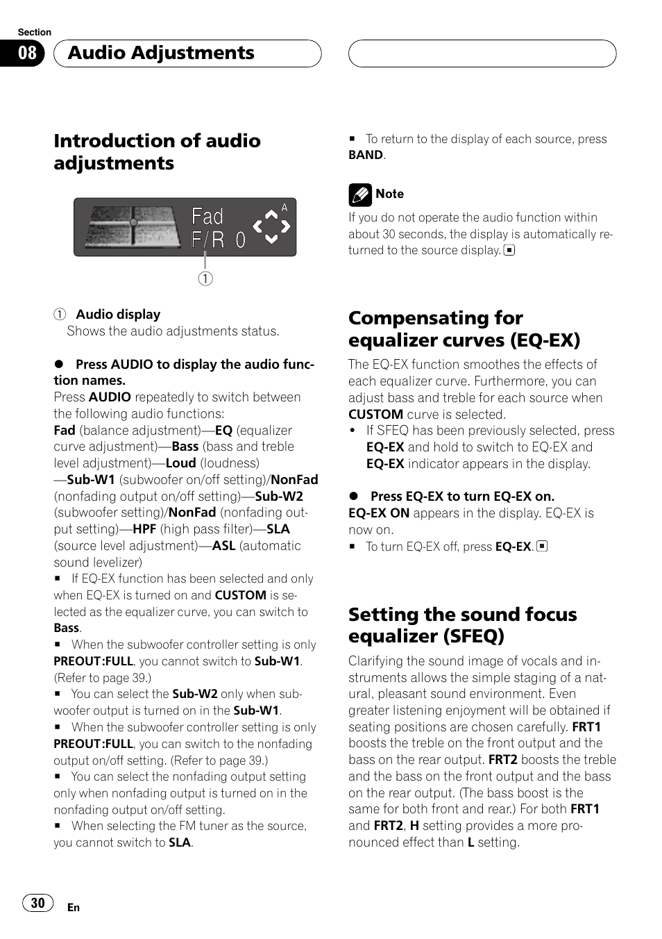 Ex) 30, Setting the sound focus equalizer, Sfeq) 30 | Introduction of audio adjustments, Compensating for equalizer curves (eq-ex), Setting the sound focus equalizer (sfeq), Audio adjustments | Pioneer DEH-P6600R User Manual | Page 30 / 103