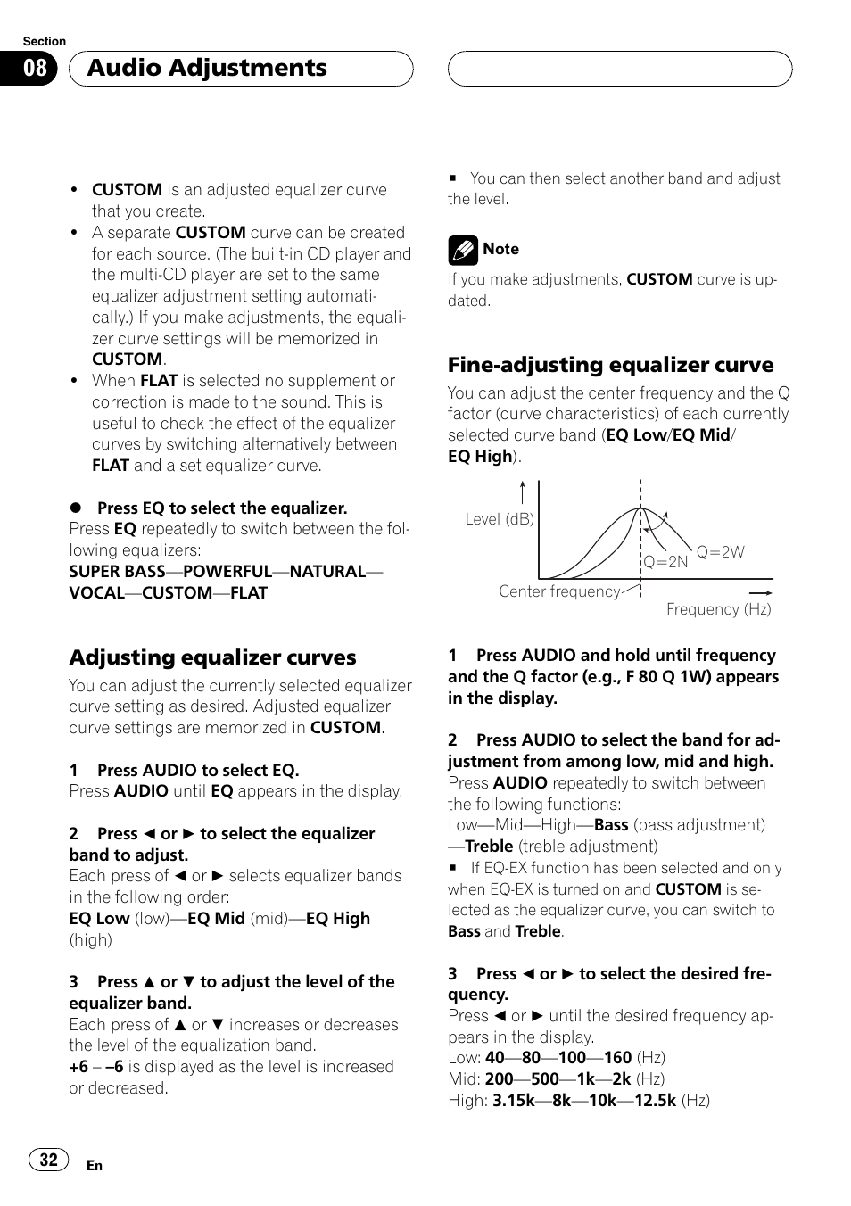 Adjusting equalizer curves 32, Fine-adjusting equalizer curve 32, Audio adjustments | Adjusting equalizer curves, Fine-adjusting equalizer curve | Pioneer DEH-P6600R User Manual | Page 32 / 103