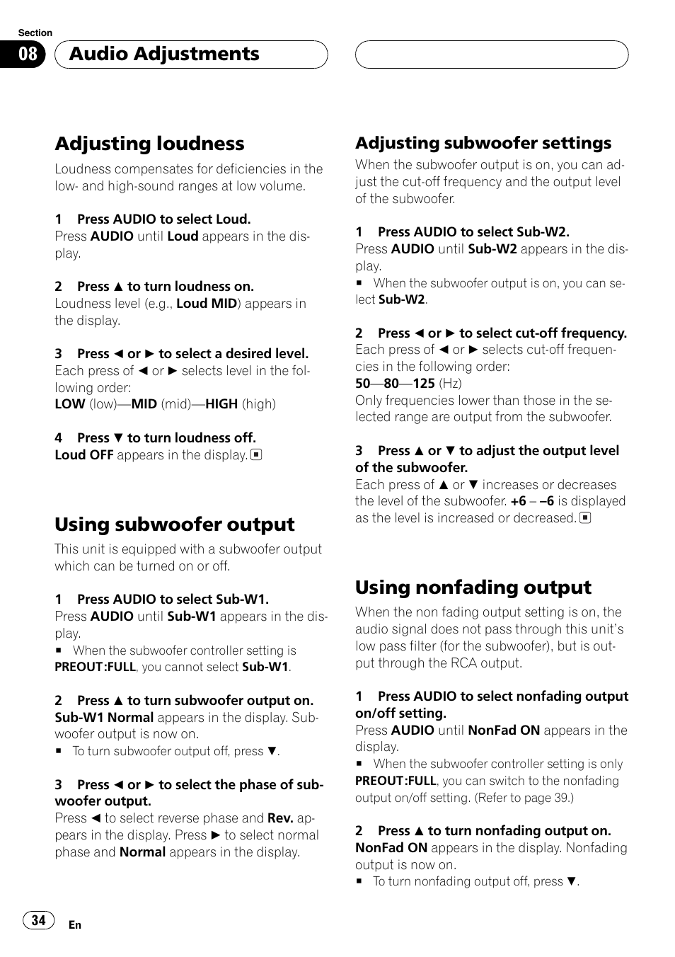 Adjusting loudness 34 using subwoofer output 34, Adjusting subwoofer settings 34, Using nonfading output 34 | Adjusting loudness, Using subwoofer output, Using nonfading output, Audio adjustments, Adjusting subwoofer settings | Pioneer DEH-P6600R User Manual | Page 34 / 103