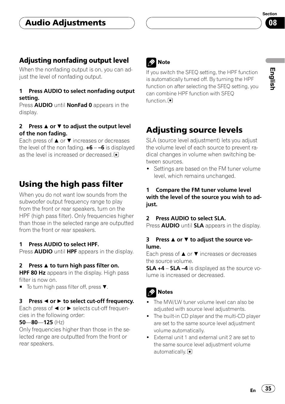 Adjusting nonfading output level 35, Using the high pass filter 35, Adjusting source levels 35 | Using the high pass filter, Adjusting source levels, Audio adjustments, Adjusting nonfading output level | Pioneer DEH-P6600R User Manual | Page 35 / 103
