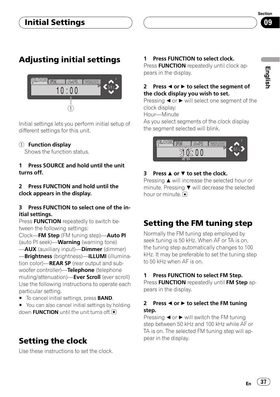 Adjusting initial settings, Setting the clock, Setting the fm tuning step | Initial settings | Pioneer DEH-P6600R User Manual | Page 37 / 103