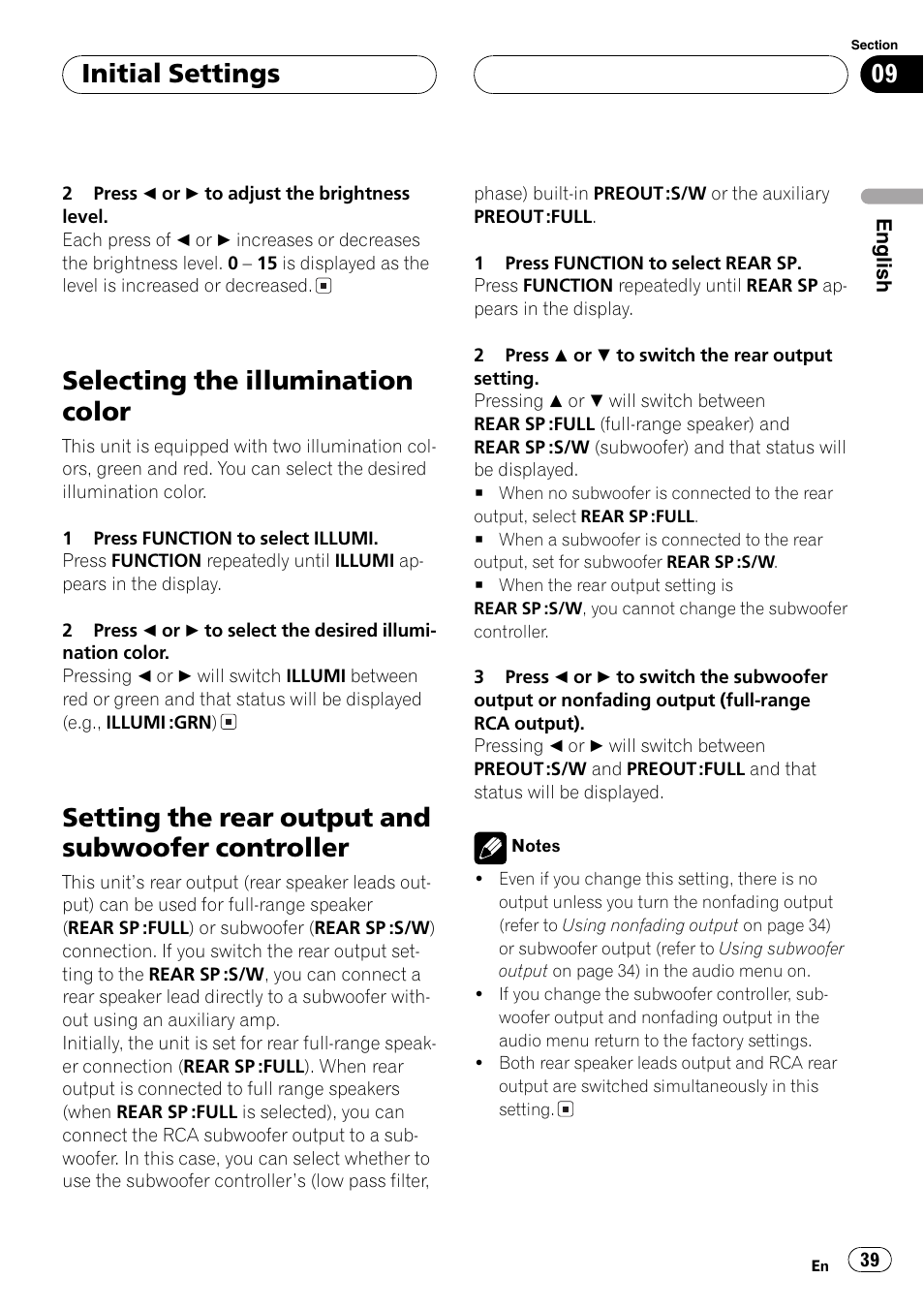 Controller 39, Selecting the illumination color, Setting the rear output and subwoofer controller | Initial settings | Pioneer DEH-P6600R User Manual | Page 39 / 103