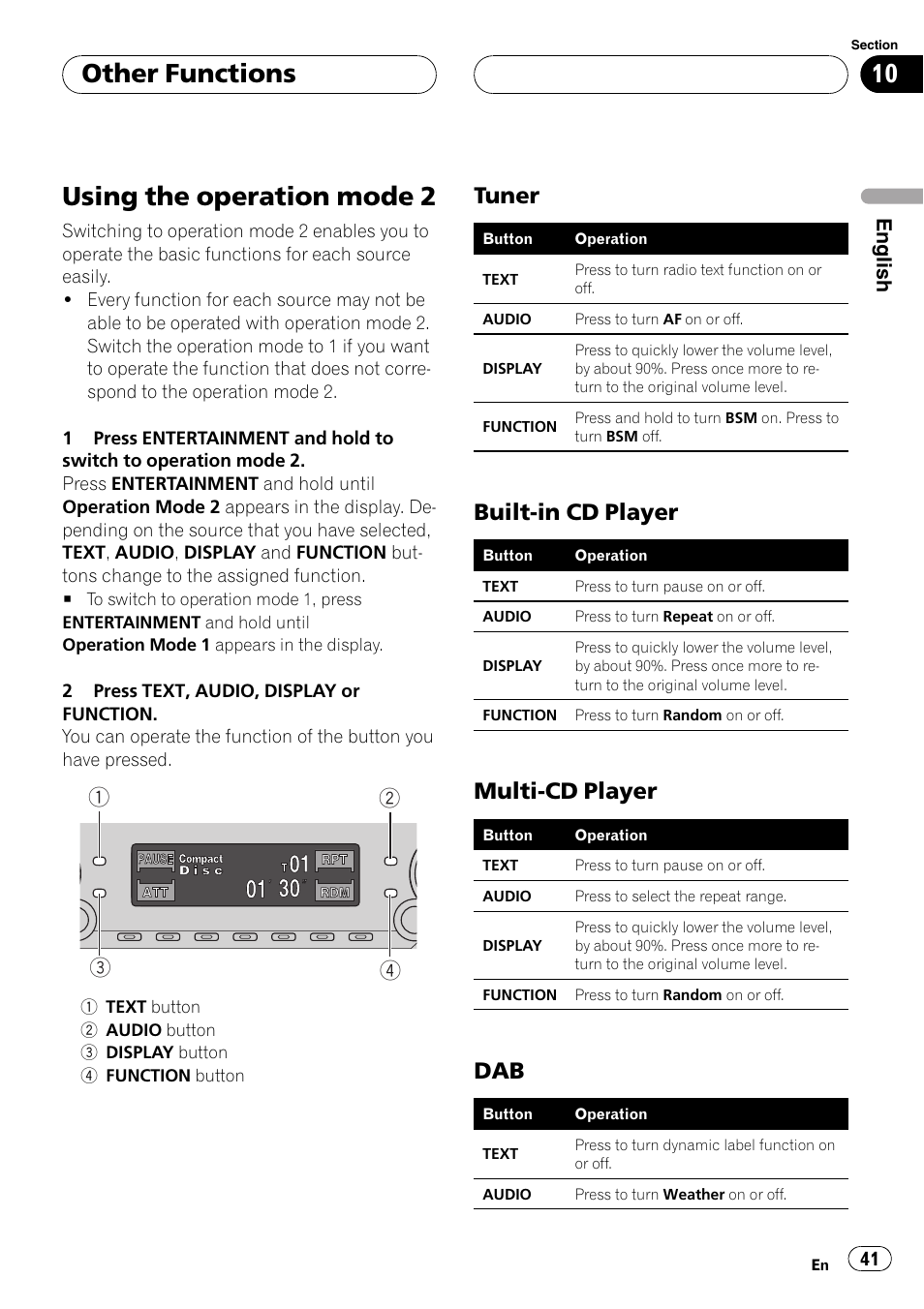 Other functions using the operation mode 2 41, Tuner 41, Built-in cd player 41 | Multi-cd player 41, Dab 41, Using the operation mode 2, Other functions, Tuner, Built-in cd player, Multi-cd player | Pioneer DEH-P6600R User Manual | Page 41 / 103