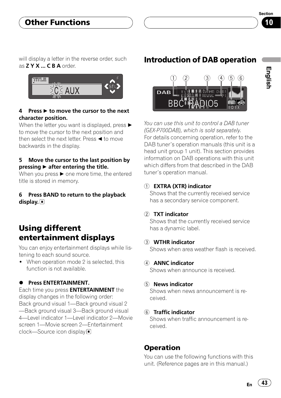 Operation 43, Using different entertainment displays, Introduction of dab operation | Other functions | Pioneer DEH-P6600R User Manual | Page 43 / 103
