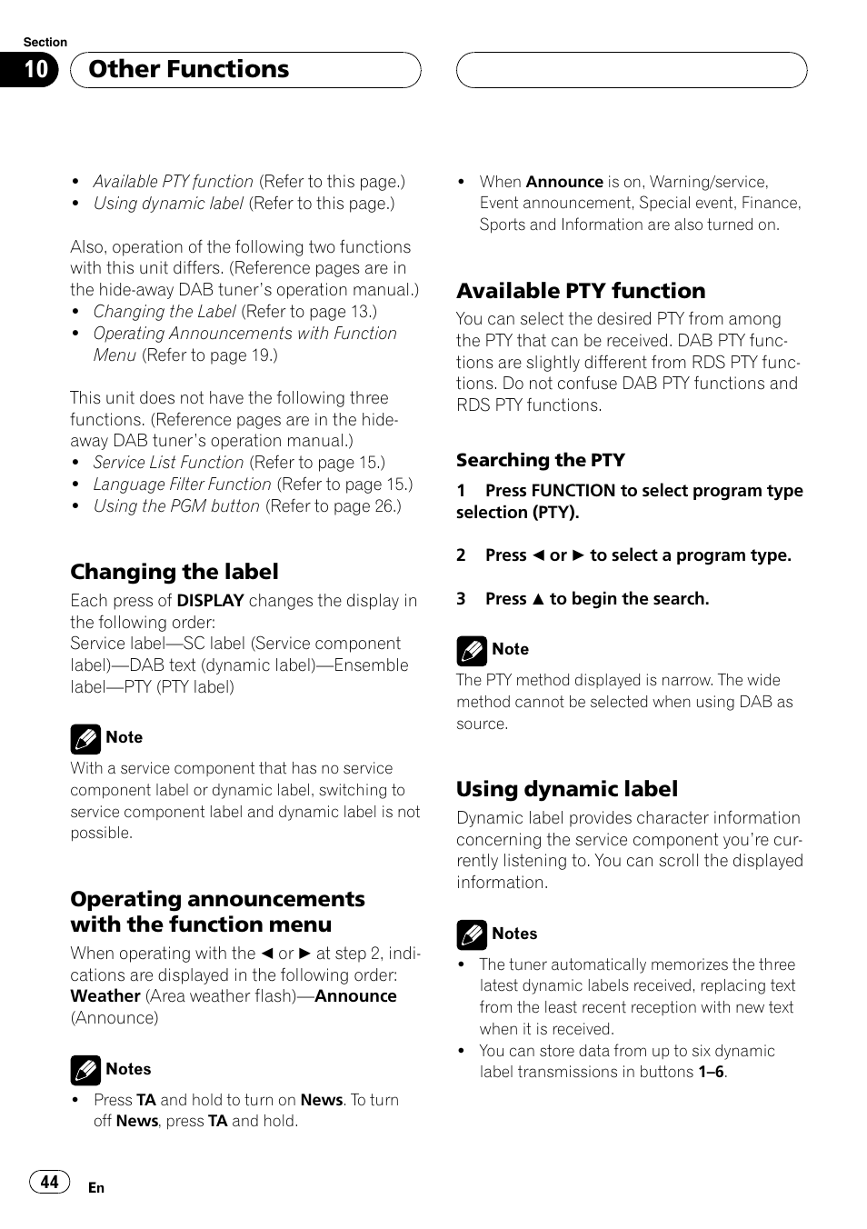 Changing the label 44, Operating announcements with the, Function menu 44 | Available pty function 44, Using dynamic label 44, Other functions, Changing the label, Operating announcements with the function menu, Available pty function, Using dynamic label | Pioneer DEH-P6600R User Manual | Page 44 / 103