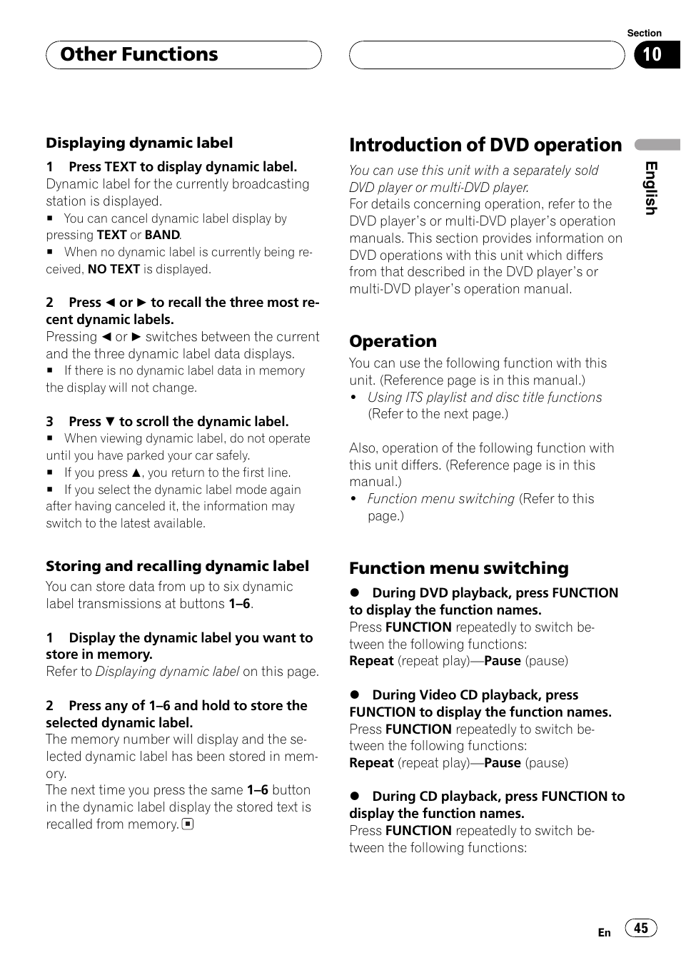 Introduction of dvd operation 45, Operation 45, Function menu switching 45 | Introduction of dvd operation, Other functions, Operation, Function menu switching | Pioneer DEH-P6600R User Manual | Page 45 / 103
