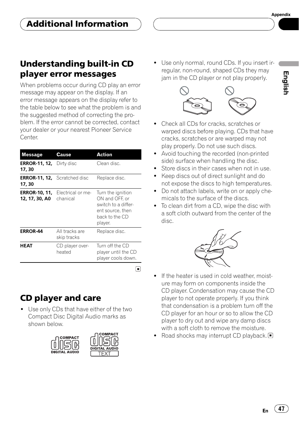 Messages 47, Cd player and care 47, Understanding built-in cd player error messages | Cd player and care, Additional information | Pioneer DEH-P6600R User Manual | Page 47 / 103