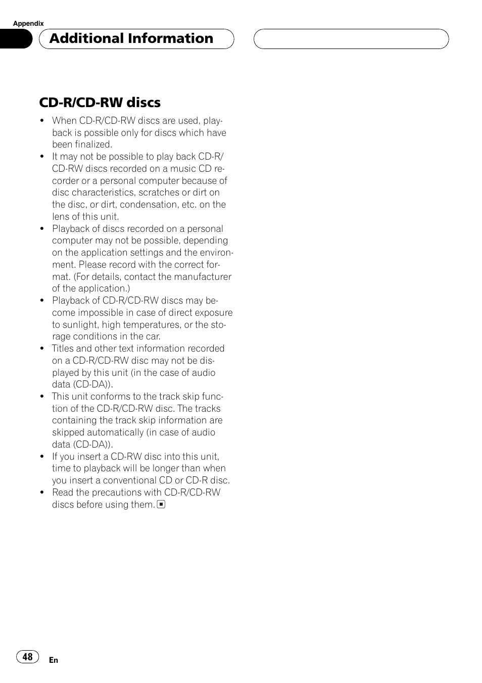 Cd-r/cd-rw discs 48, Cd-r/cd-rw discs, Additional information | Pioneer DEH-P6600R User Manual | Page 48 / 103