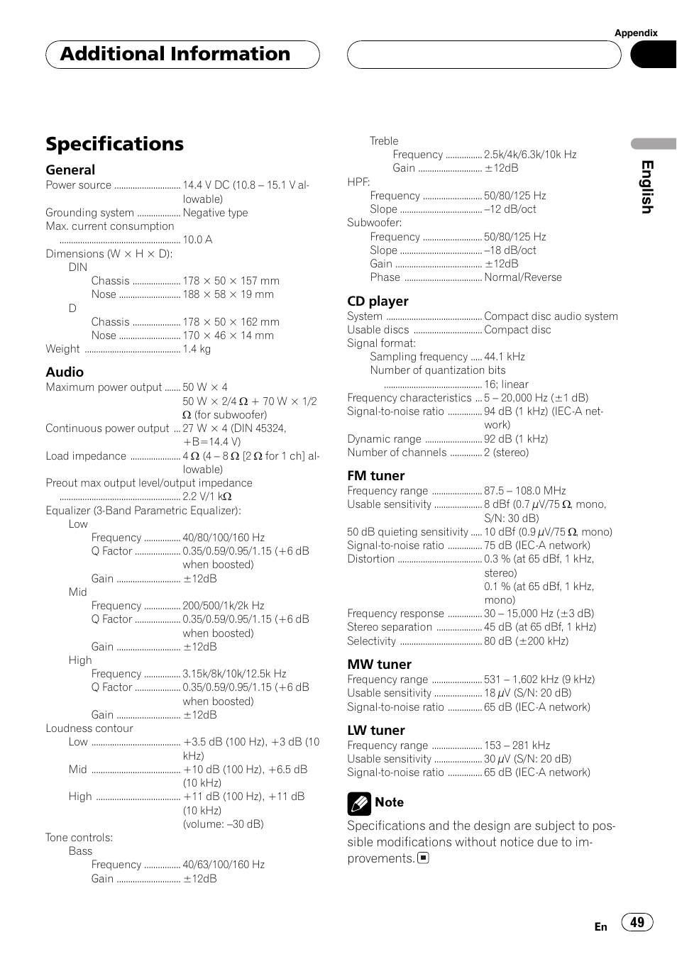 Specifications 49, Specifications, Additional information | English | Pioneer DEH-P6600R User Manual | Page 49 / 103