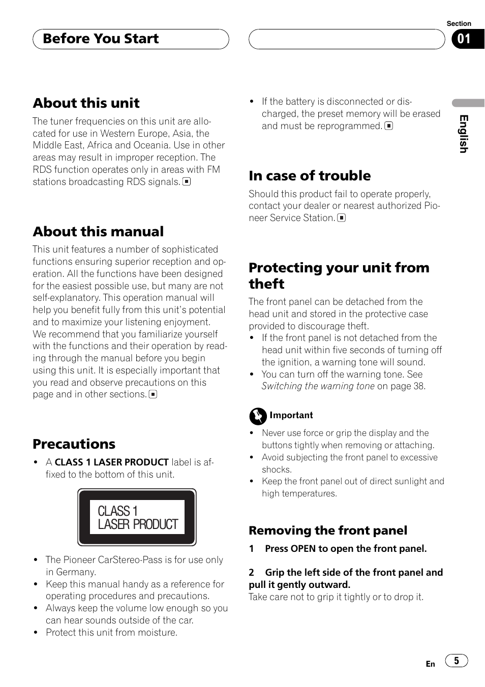 Removing the front panel 5, About this unit, About this manual | Precautions, Protecting your unit from theft, Before you start, Class 1 laser product | Pioneer DEH-P6600R User Manual | Page 5 / 103