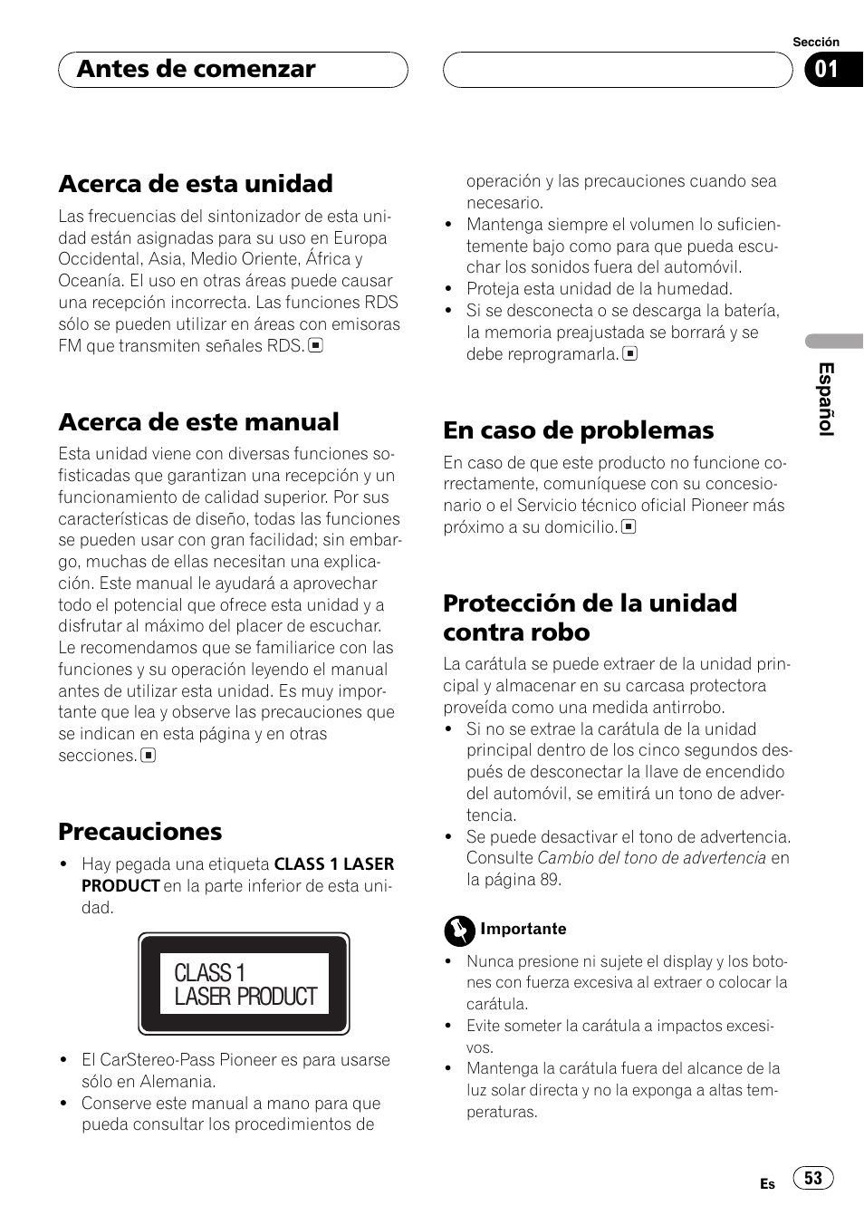 Antes de comenzar acerca de esta unidad 53, Acerca de este manual 53, Precauciones 53 | En caso de problemas 53, Protección de la unidad contra robo 53, Acerca de esta unidad, Acerca de este manual, Precauciones, En caso de problemas, Protección de la unidad contra robo | Pioneer DEH-P6600R User Manual | Page 53 / 103