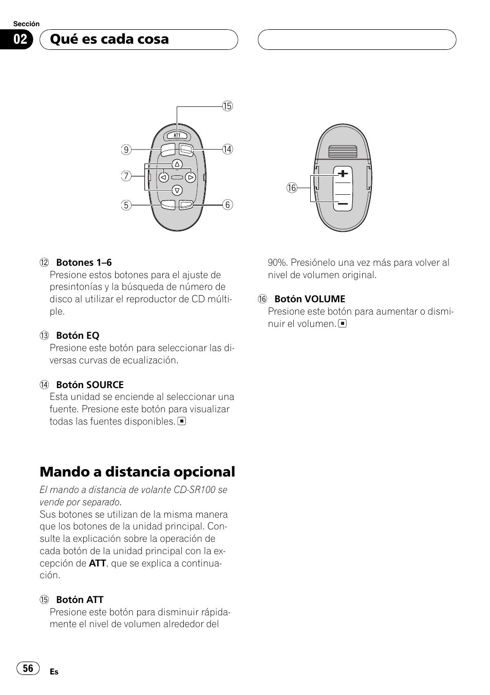 Mando a distancia opcional 56, Mando a distancia opcional, Qué es cada cosa | Pioneer DEH-P6600R User Manual | Page 56 / 103