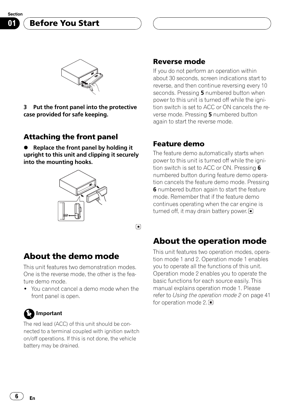 Attaching the front panel 6, About the demo mode 6, Reverse mode 6 | Feature demo 6, About the operation mode 6, About the demo mode, About the operation mode, Before you start | Pioneer DEH-P6600R User Manual | Page 6 / 103