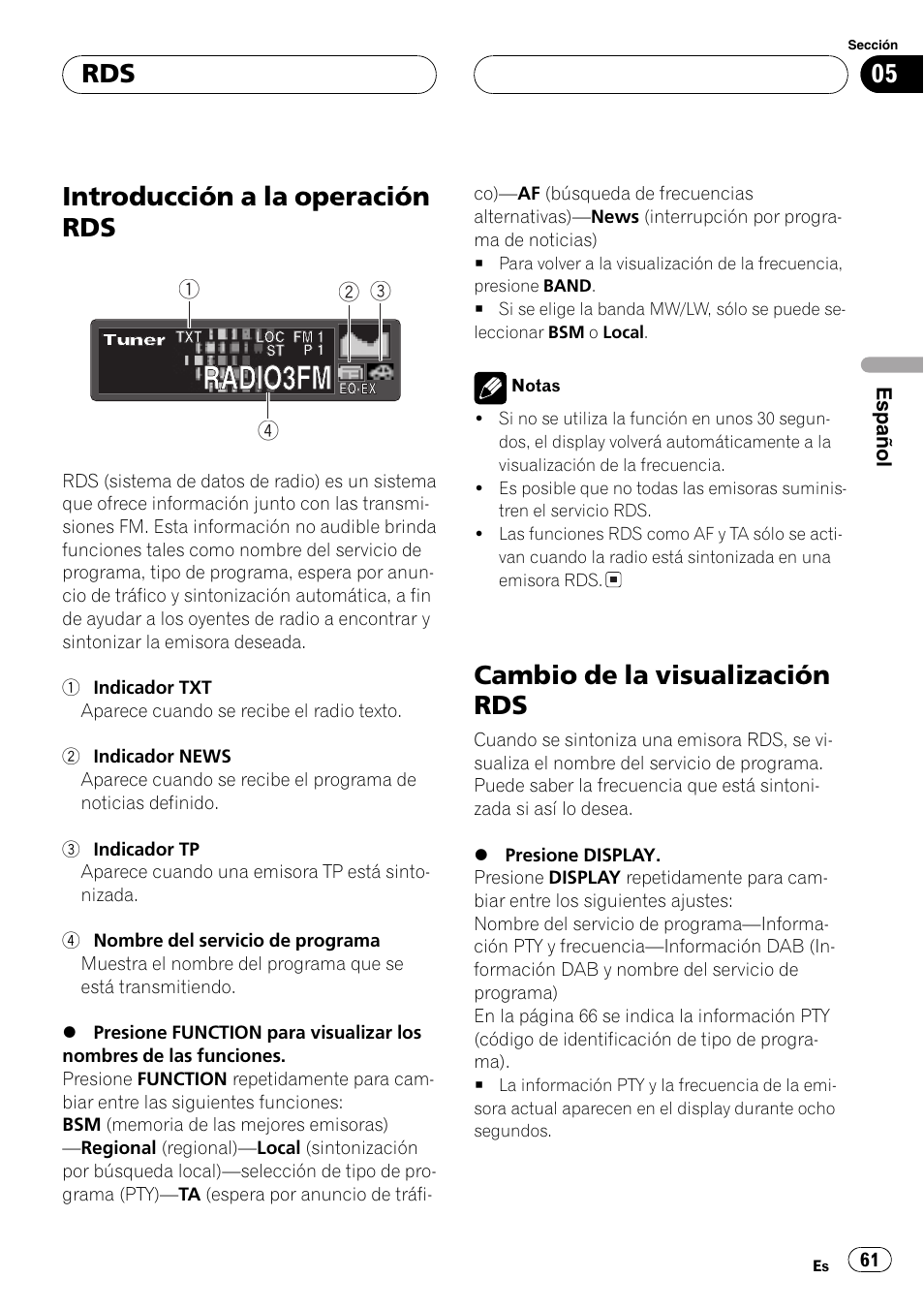 Introducción a la operación rds 61, Cambio de la visualización rds 61, Introducción a la operación rds | Cambio de la visualización rds | Pioneer DEH-P6600R User Manual | Page 61 / 103