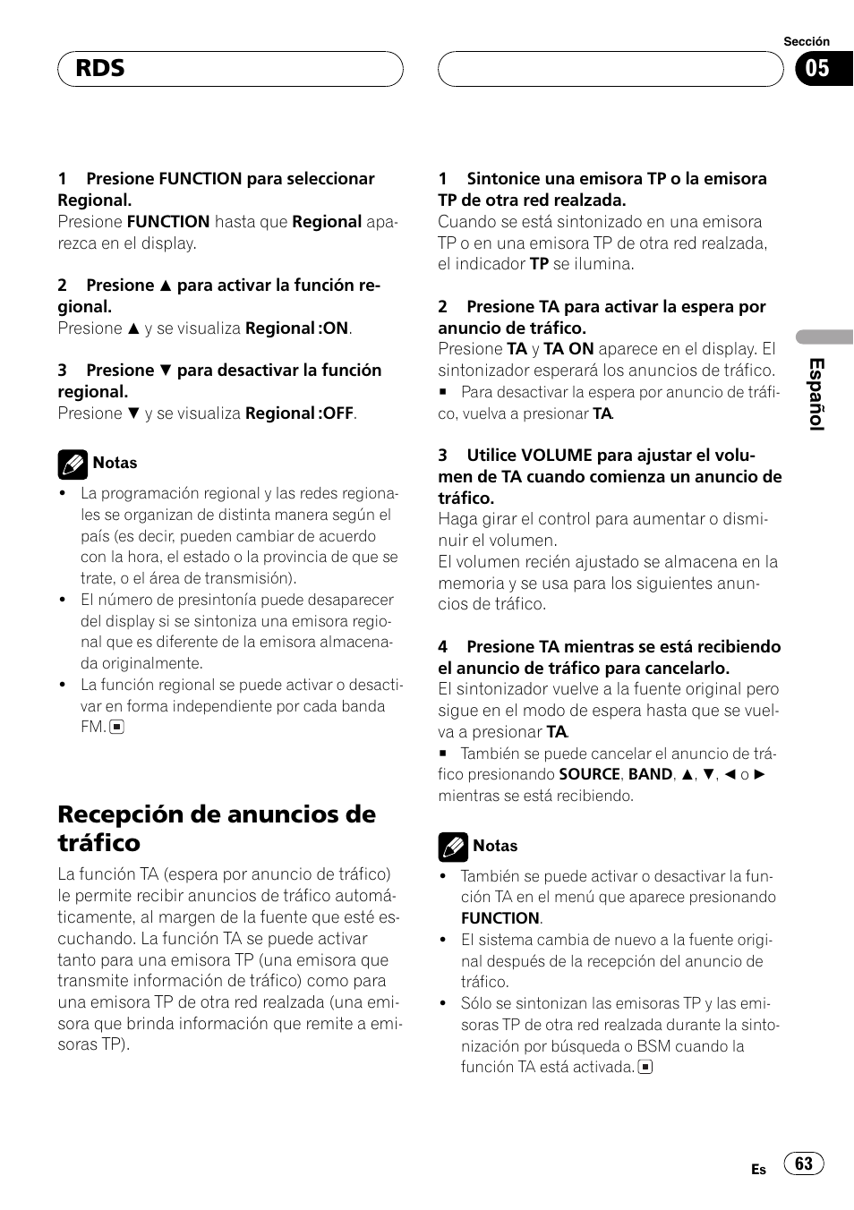 Recepción de anuncios de tráfico 63, Recepción de anuncios de tráfico | Pioneer DEH-P6600R User Manual | Page 63 / 103