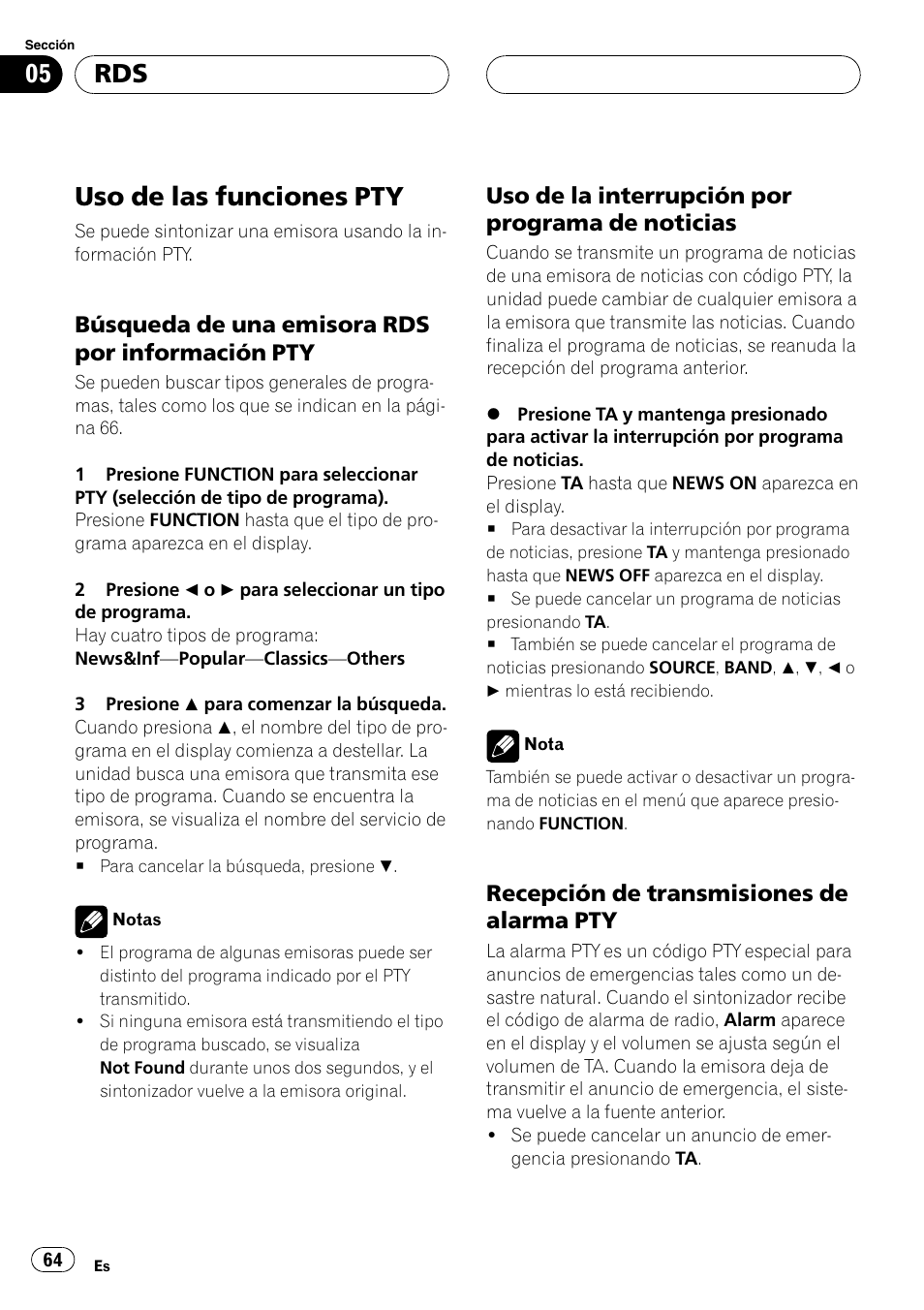 Uso de las funciones pty 64, Búsqueda de una emisora rdspor, Información pty 64 | Uso de la interrupción por programa, De noticias 64, Recepción de transmisiones de, Alarma pty 64, Uso de las funciones pty, Búsqueda de una emisora rds por información pty, Uso de la interrupción por programa de noticias | Pioneer DEH-P6600R User Manual | Page 64 / 103