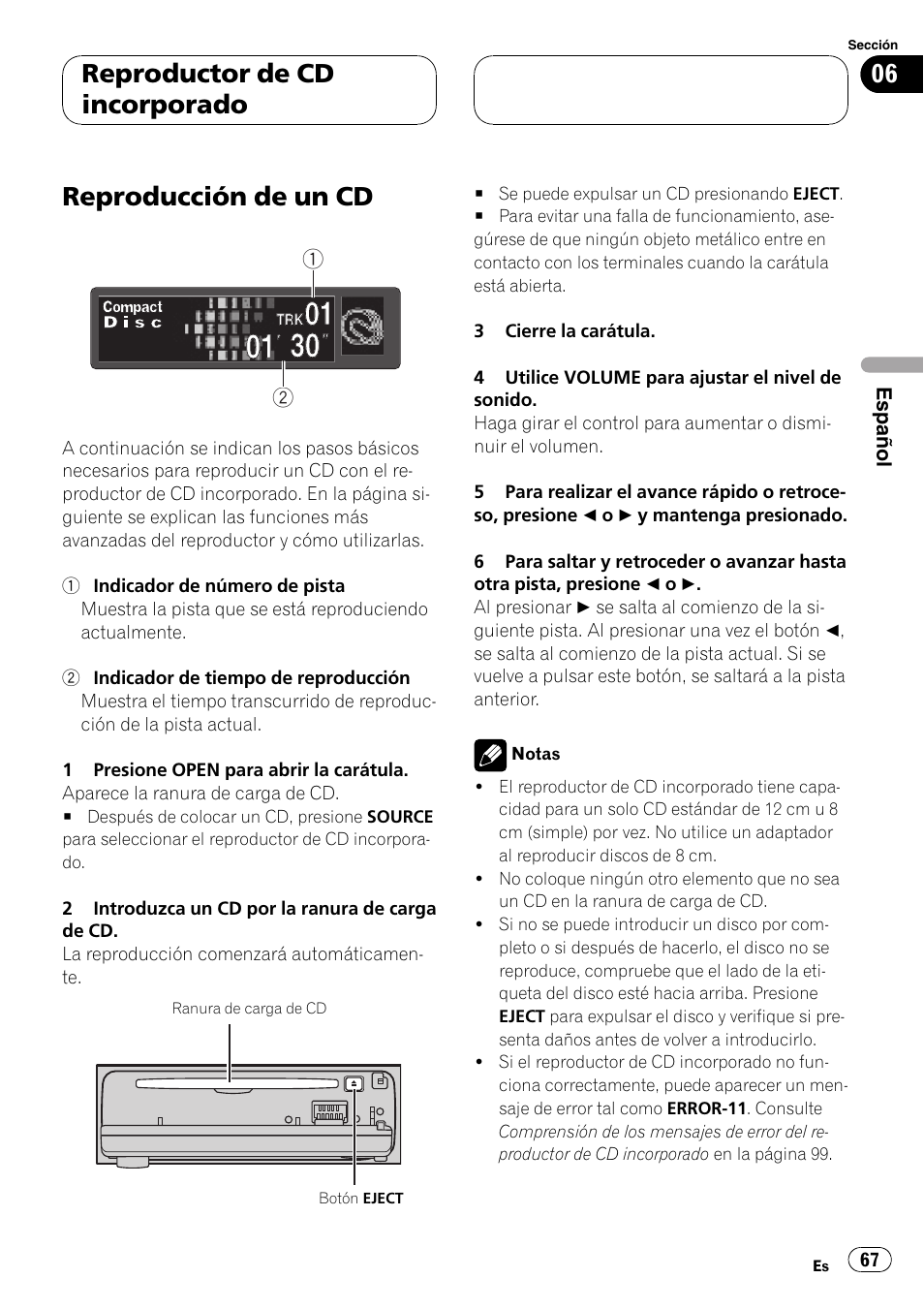 Reproductor de cd incorporado, Reproducción de un cd 67, Reproducción de un cd | Pioneer DEH-P6600R User Manual | Page 67 / 103