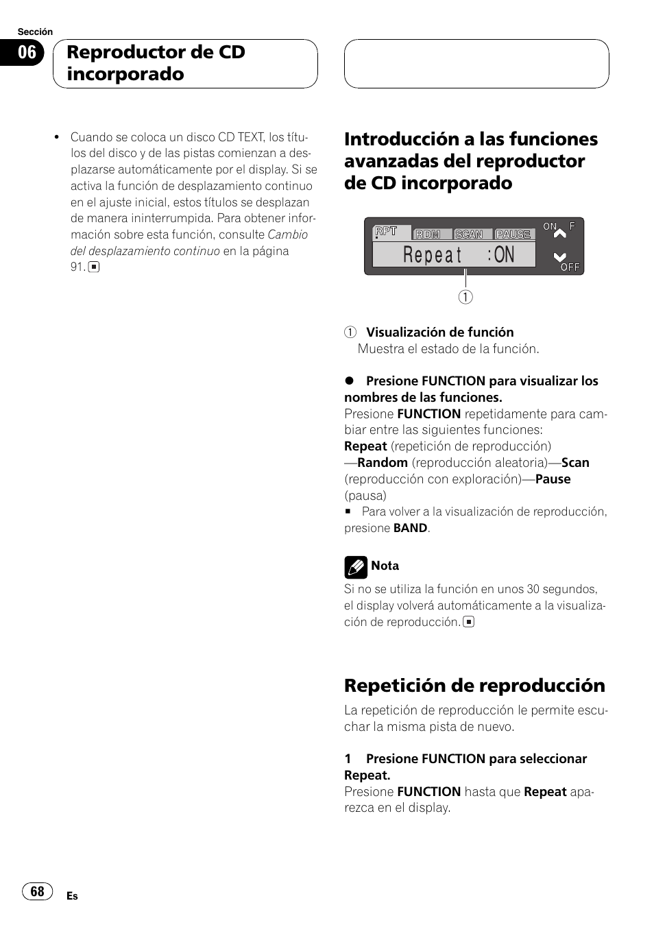 Introducción a las funciones avanzadas del, Reproductor de cd incorporado 68, Repetición de reproducción 68 | Repetición de reproducción, Reproductor de cd incorporado | Pioneer DEH-P6600R User Manual | Page 68 / 103