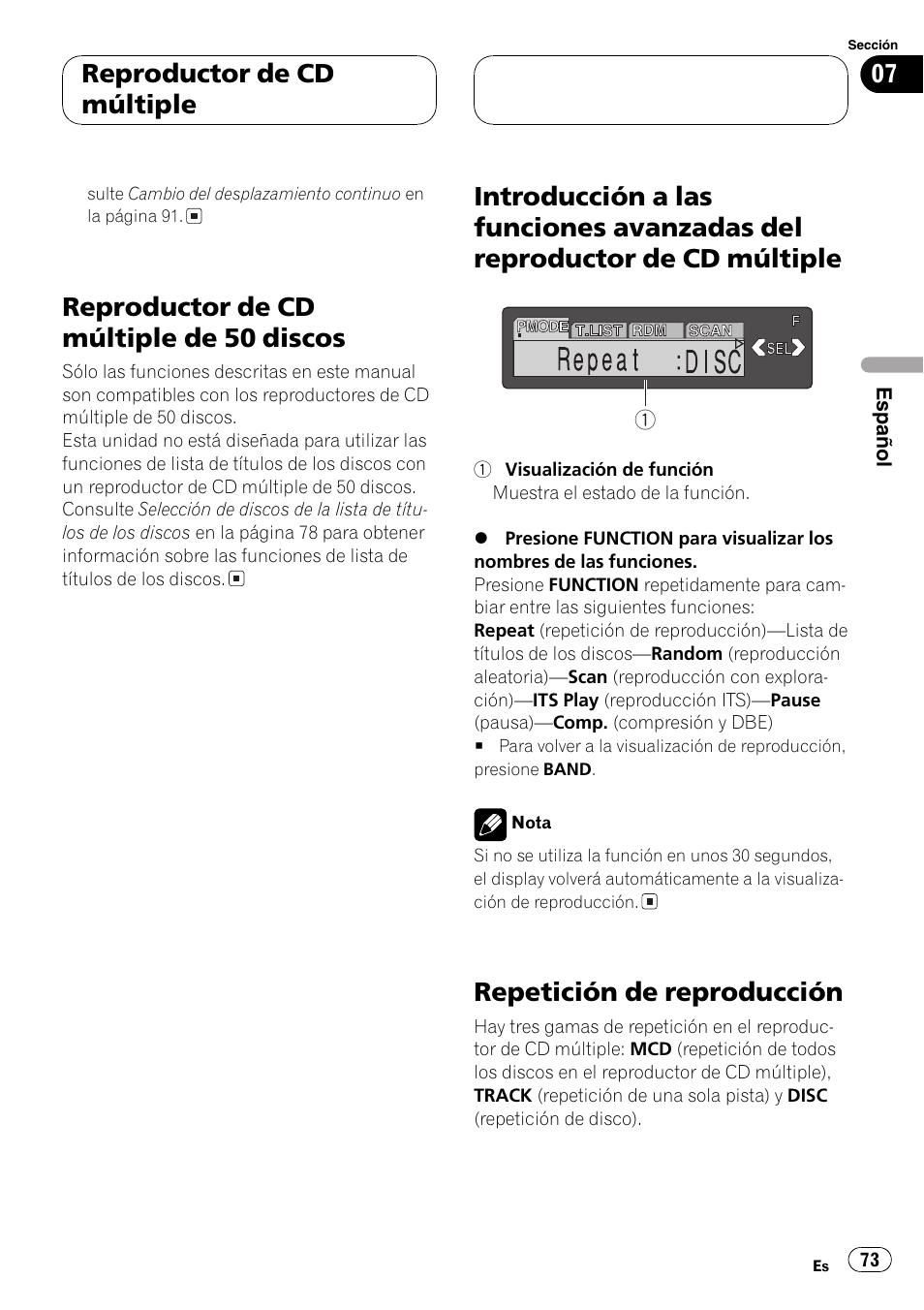 Reproductor de cd múltiple de 50, Discos 73, Introducción a las funciones avanzadas del | Reproductor de cd múltiple 73, Repetición de reproducción 73, Reproductor de cd múltiple de 50 discos, Repetición de reproducción, Reproductor de cd múltiple | Pioneer DEH-P6600R User Manual | Page 73 / 103