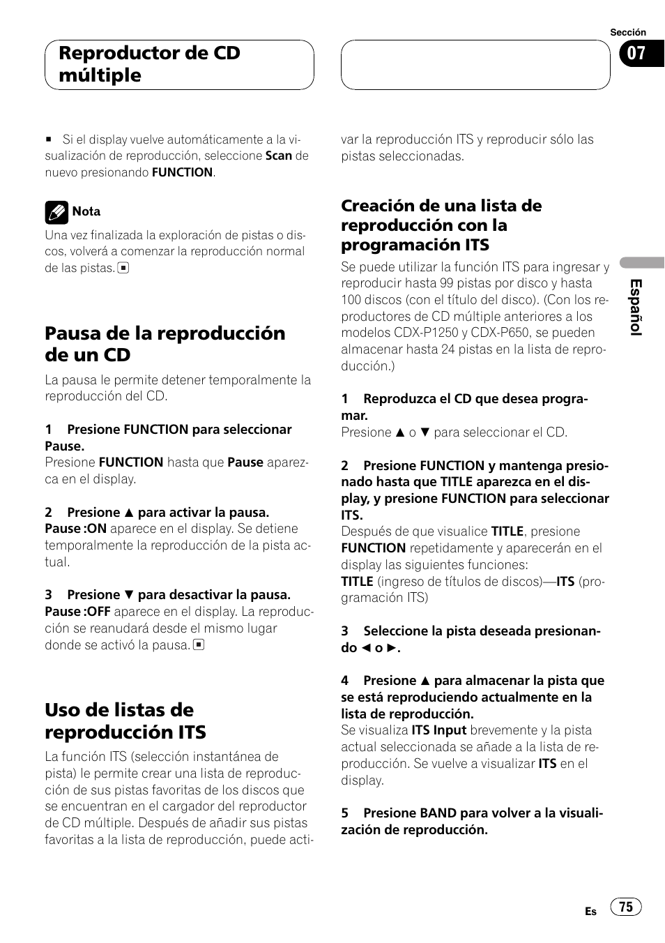 Pausa de la reproducción de un cd 75, Uso de listas de reproducción its 75, Creación de una lista de reproducción | Con la programación its 75, Pausa de la reproducción de un cd, Uso de listas de reproducción its, Reproductor de cd múltiple | Pioneer DEH-P6600R User Manual | Page 75 / 103