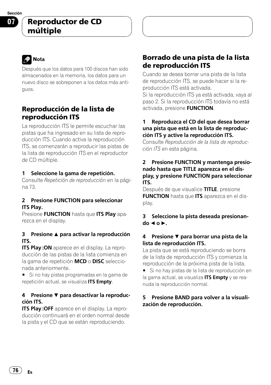 Reproducción de la lista de, Reproducción its 76, Borrado de una pista de la lista de | Reproductor de cd múltiple, Reproducción de la lista de reproducción its | Pioneer DEH-P6600R User Manual | Page 76 / 103