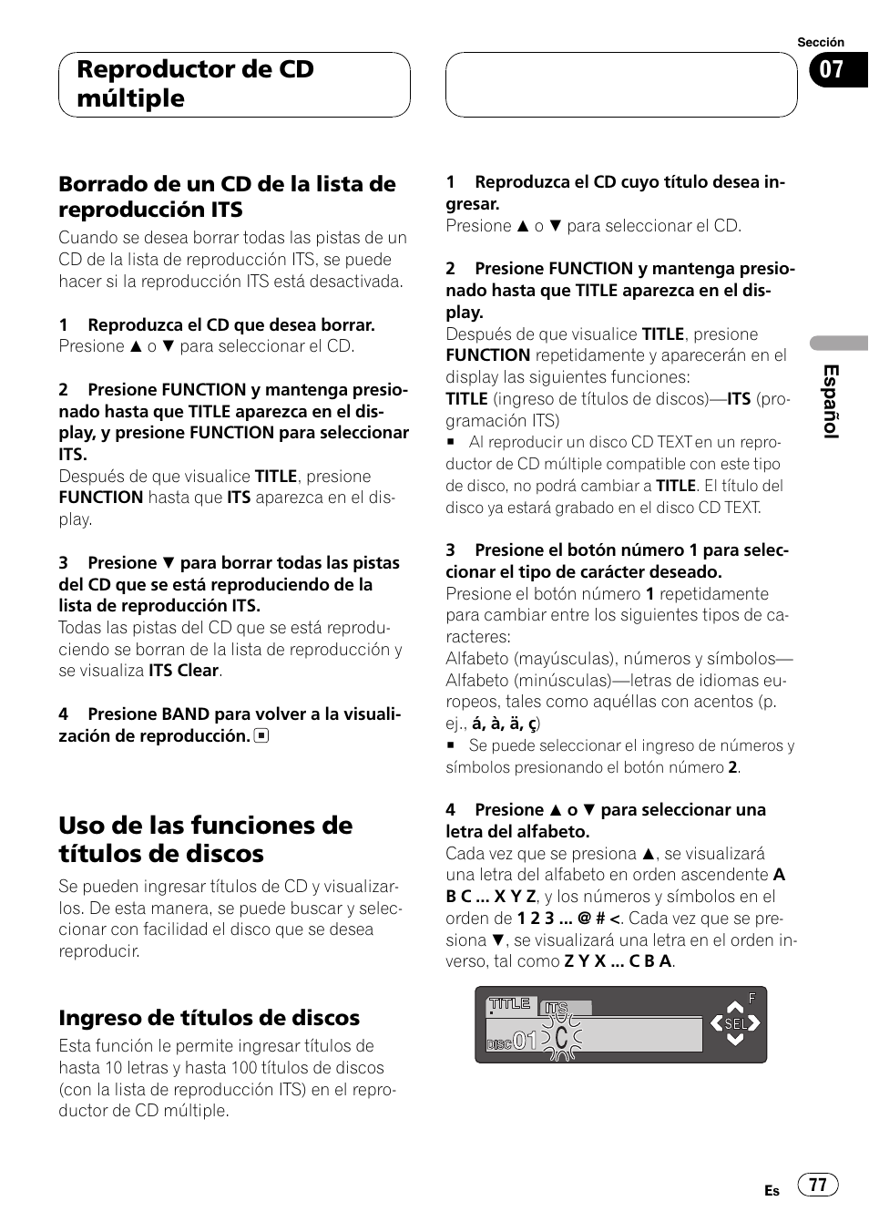 Borrado de un cd de la lista de, Reproducción its 77, Uso de las funciones de títulos de discos 77 | Ingreso de títulos de discos 77, Uso de las funciones de títulos de discos, Reproductor de cd múltiple | Pioneer DEH-P6600R User Manual | Page 77 / 103