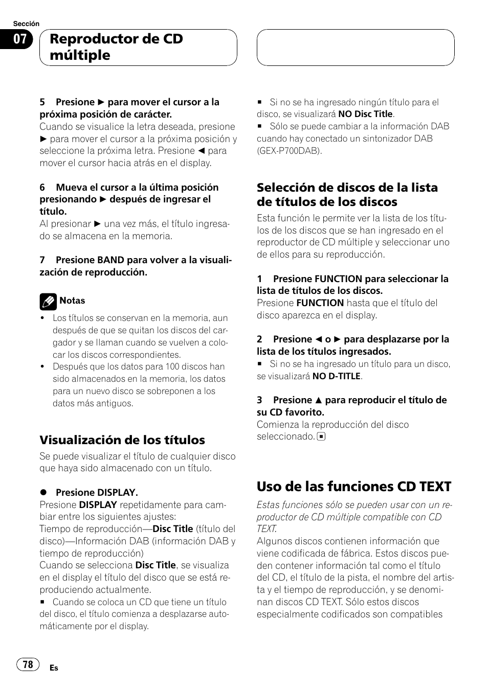 Visualización de los títulos 78, Selección de discos de la lista de, Títulos de los discos 78 | Uso de las funciones cd text 78, Uso de las funciones cd text, Reproductor de cd múltiple, Visualización de los títulos | Pioneer DEH-P6600R User Manual | Page 78 / 103