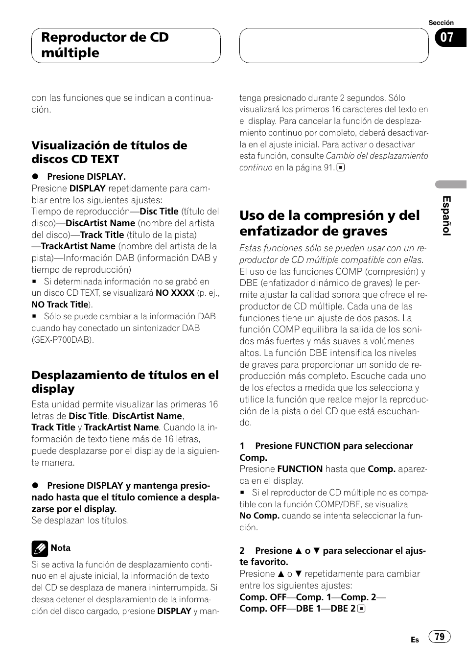 Visualización de títulos de discos cd, Text 79, Desplazamiento de títulos en el | Display 79, Uso de la compresión y del enfatizador de, Graves 79, Uso de la compresión y del enfatizador de graves, Reproductor de cd múltiple | Pioneer DEH-P6600R User Manual | Page 79 / 103