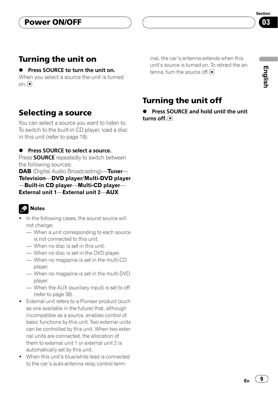 Turning the unit on, Selecting a source, Turning the unit off | Power on/off | Pioneer DEH-P6600R User Manual | Page 9 / 103