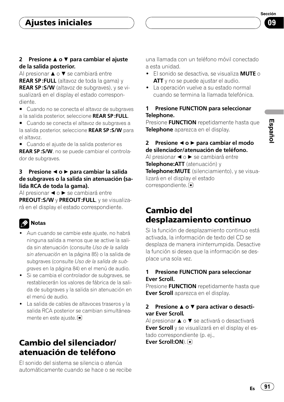 Cambio del silenciador/atenuación de, Teléfono 91, Cambio del desplazamiento continuo 91 | Cambio del silenciador/ atenuación de teléfono, Cambio del desplazamiento continuo, Ajustes iniciales | Pioneer DEH-P6600R User Manual | Page 91 / 103