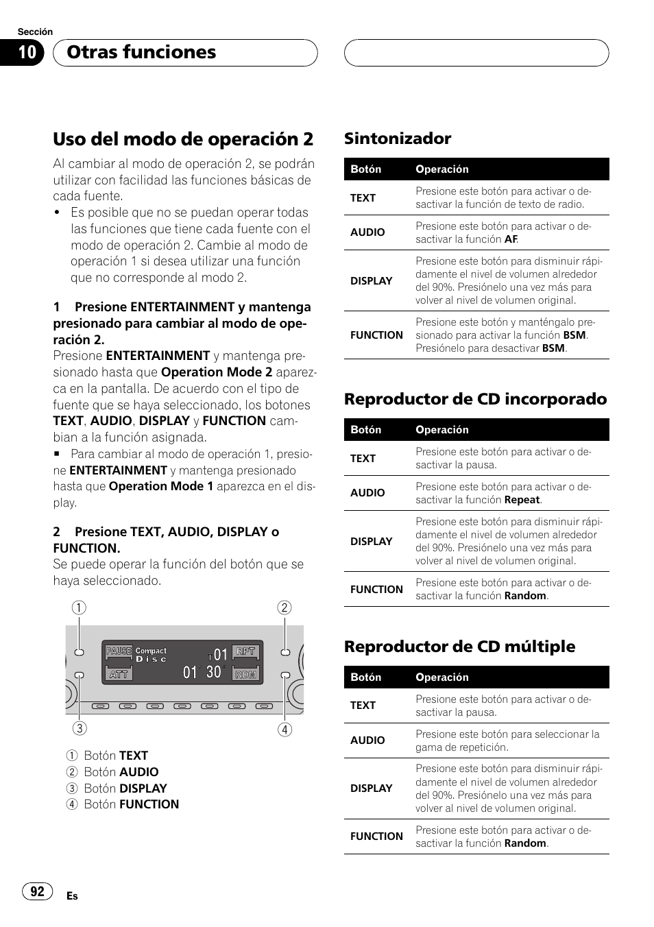 Otras funciones, Uso del modo de operación 2 92, Sintonizador 92 | Reproductor de cd incorporado 92, Reproductor de cd múltiple 92, Uso del modo de operación 2, Sintonizador, Reproductor de cd incorporado, Reproductor de cd múltiple | Pioneer DEH-P6600R User Manual | Page 92 / 103