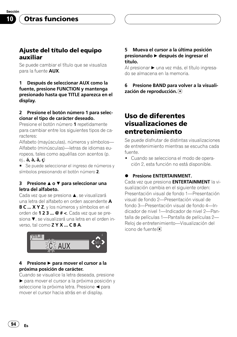 Ajuste del título del equipo, Auxiliar 94, Uso de diferentes visualizaciones de | Entretenimiento 94, Otras funciones | Pioneer DEH-P6600R User Manual | Page 94 / 103