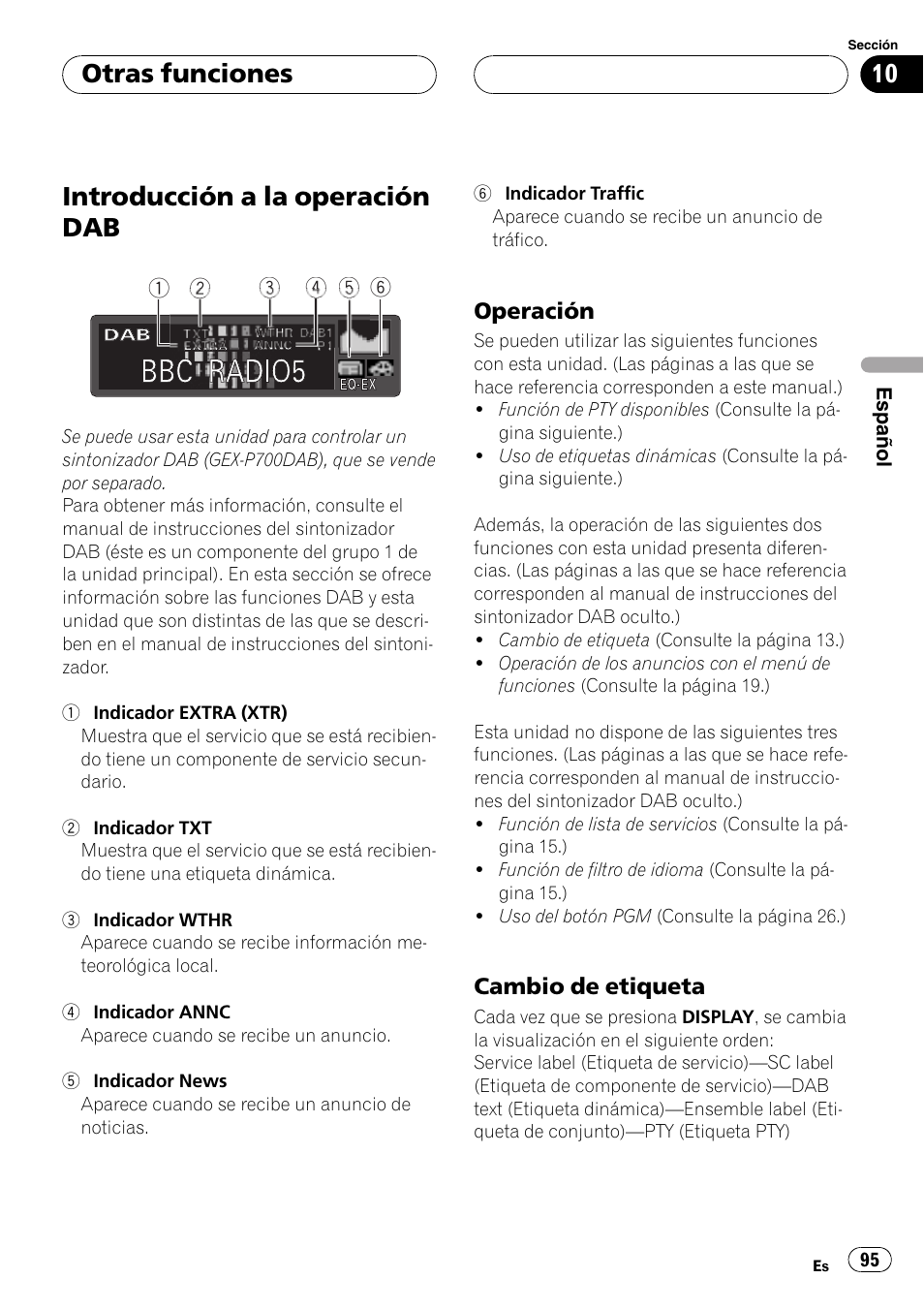 Introducción a la operación dab 95, Operación 95, Cambio de etiqueta 95 | Introducción a la operación dab, Otras funciones | Pioneer DEH-P6600R User Manual | Page 95 / 103