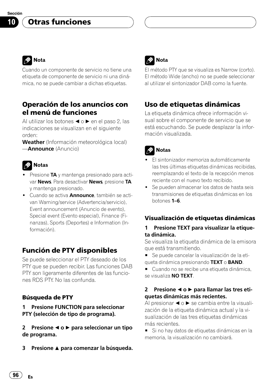 Operación de los anuncios con el, Menú de funciones 96, Función de pty disponibles 96 | Uso de etiquetas dinámicas 96, Función de pty disponibles, La pá, Gina siguiente.), Uso de etiquetas dinámicas, Otras funciones, Operación de los anuncios con el menú de funciones | Pioneer DEH-P6600R User Manual | Page 96 / 103