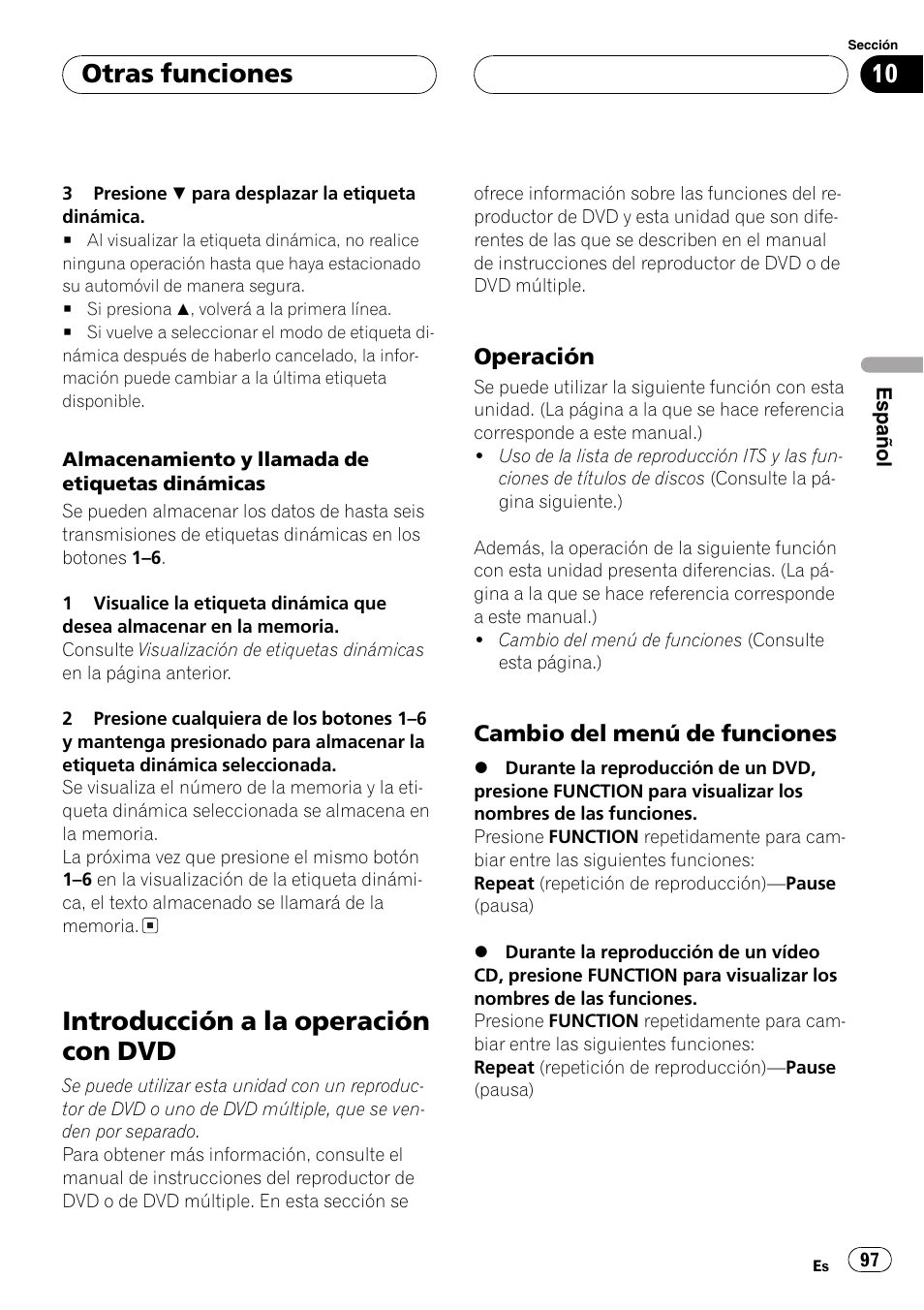 Introducción a la operación con dvd 97, Operación 97, Cambio del menú de funciones 97 | Introducción a la operación con dvd, Otras funciones, Operación, Cambio del menú de funciones | Pioneer DEH-P6600R User Manual | Page 97 / 103