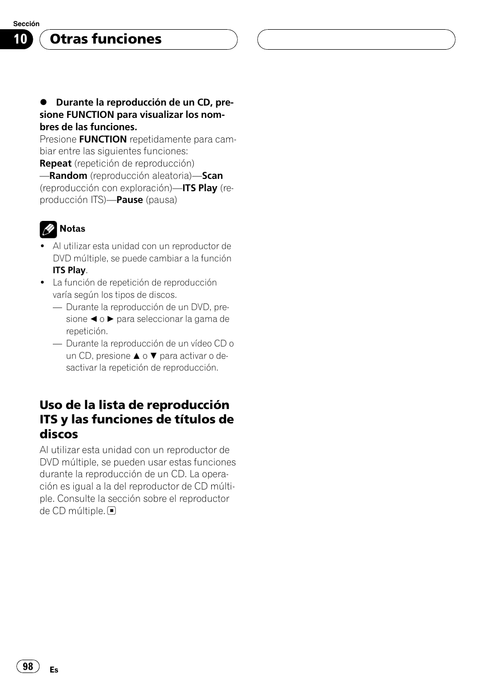 Uso de la lista de reproducción itsy, Las funciones de títulos de discos 98, Uso de la lista de reproducción its y las fun | Ciones de títulos de discos, La pá, Gina siguiente.), Otras funciones | Pioneer DEH-P6600R User Manual | Page 98 / 103