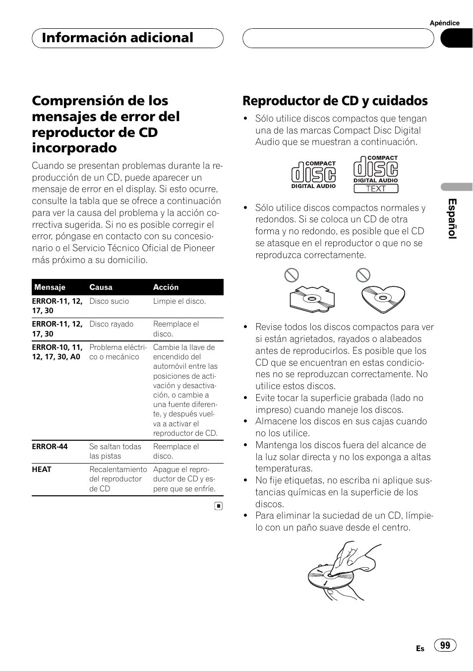 Información adicional, Comprensión de los mensajes de error del, Reproductor de cd incorporado 99 | Reproductor de cd y cuidados 99, Reproductor de cd y cuidados | Pioneer DEH-P6600R User Manual | Page 99 / 103