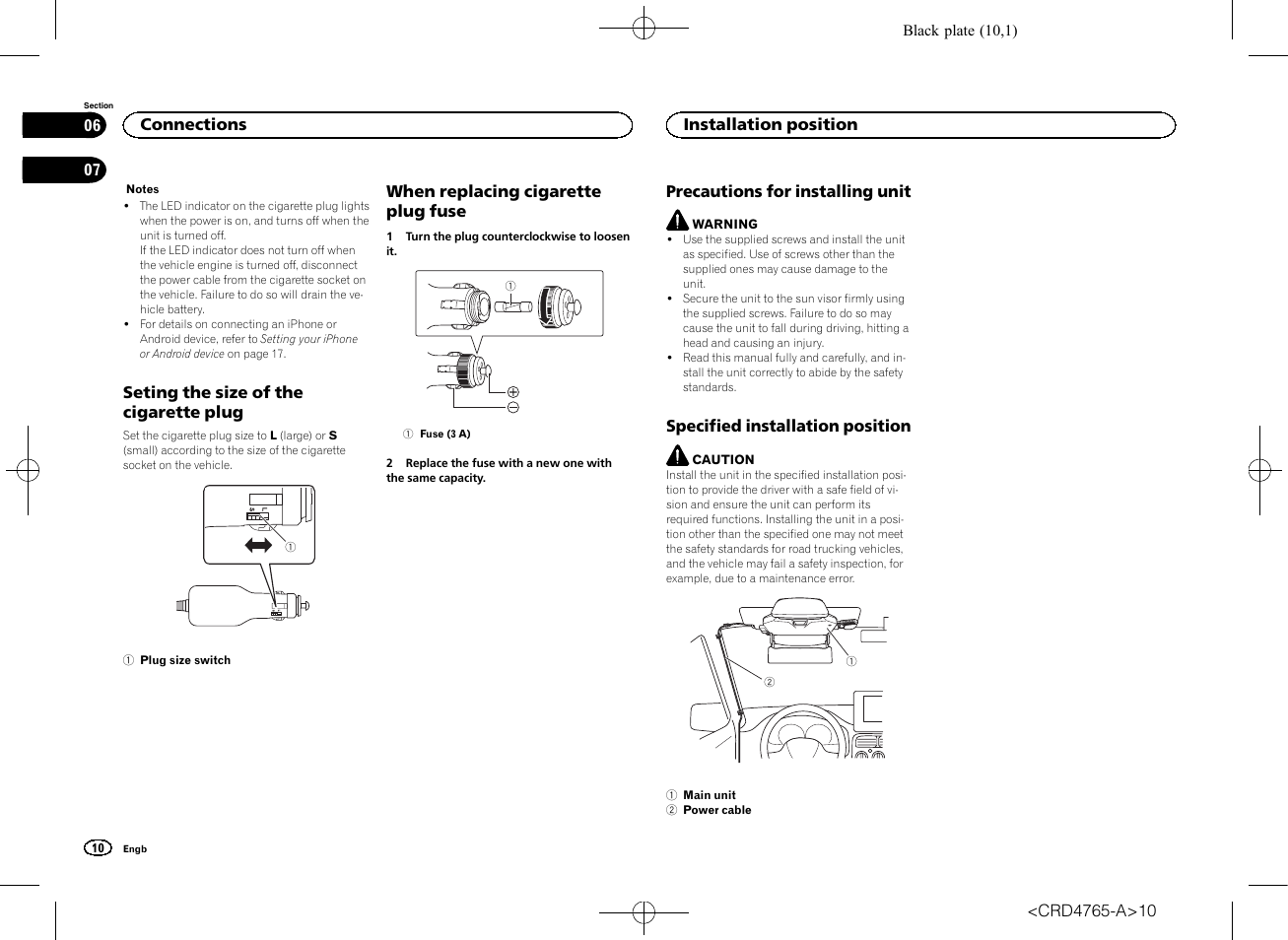 Seting the size of the cigarette plug, When replacing cigarette plug fuse, Specified installation position | Pioneer SPX-HUD01 User Manual | Page 10 / 148