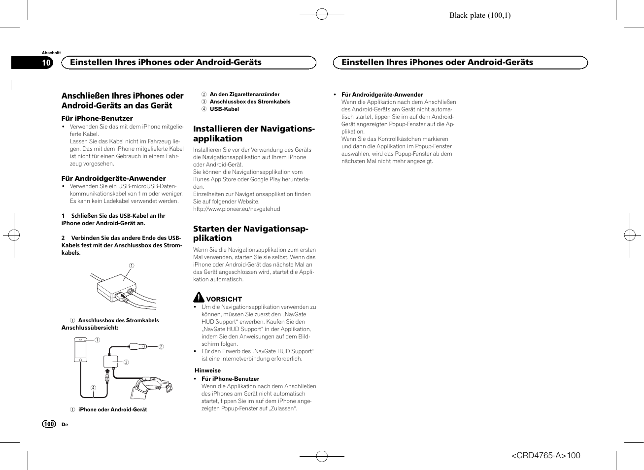 Geräts an das gerät, Installieren der, Navigationsapplikation | Starten der navigationsapplikation | Pioneer SPX-HUD01 User Manual | Page 100 / 148