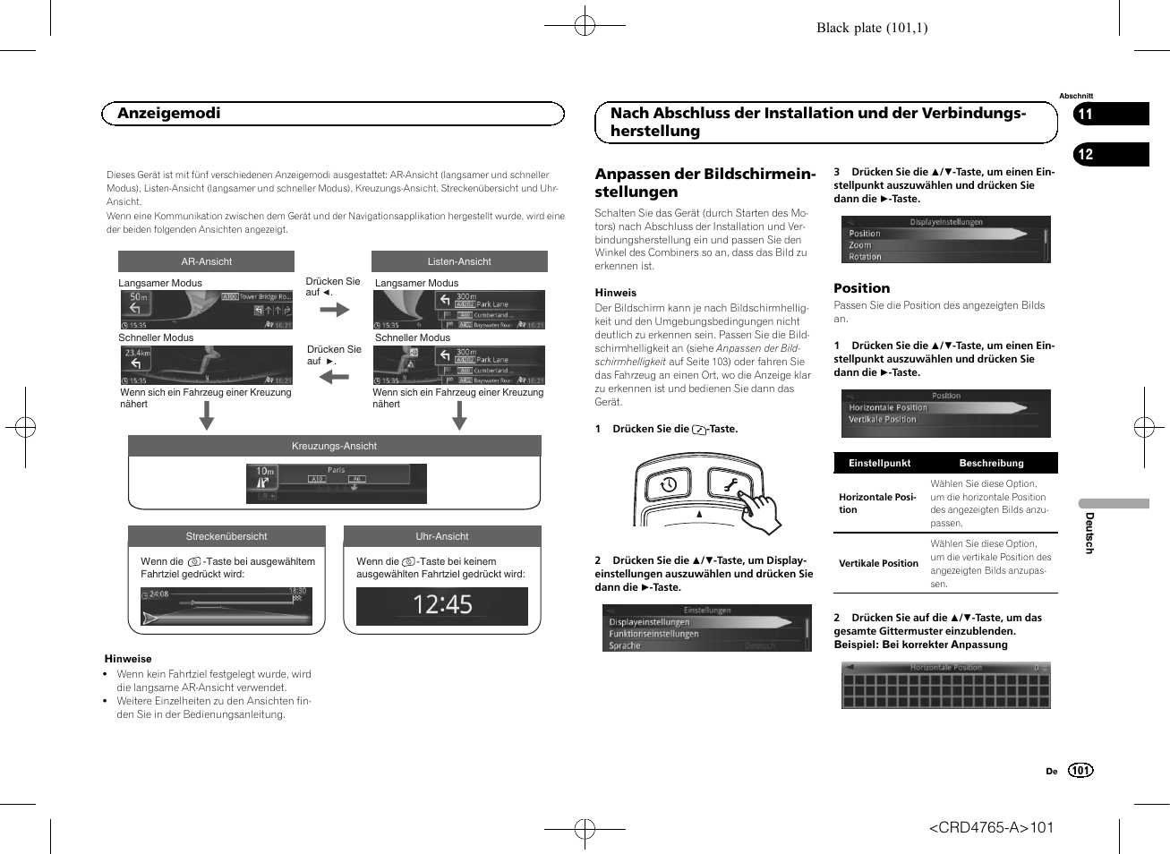 Anzeigemodi, Bildschirmeinstellungen, Position | Anpassen der bildschirmein- stellungen | Pioneer SPX-HUD01 User Manual | Page 101 / 148