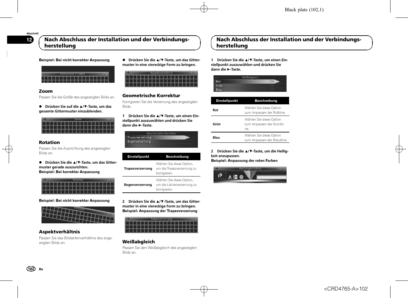 Zoom, Rotation, Aspektverhältnis | Geometrische korrektur, Weißabgleich | Pioneer SPX-HUD01 User Manual | Page 102 / 148