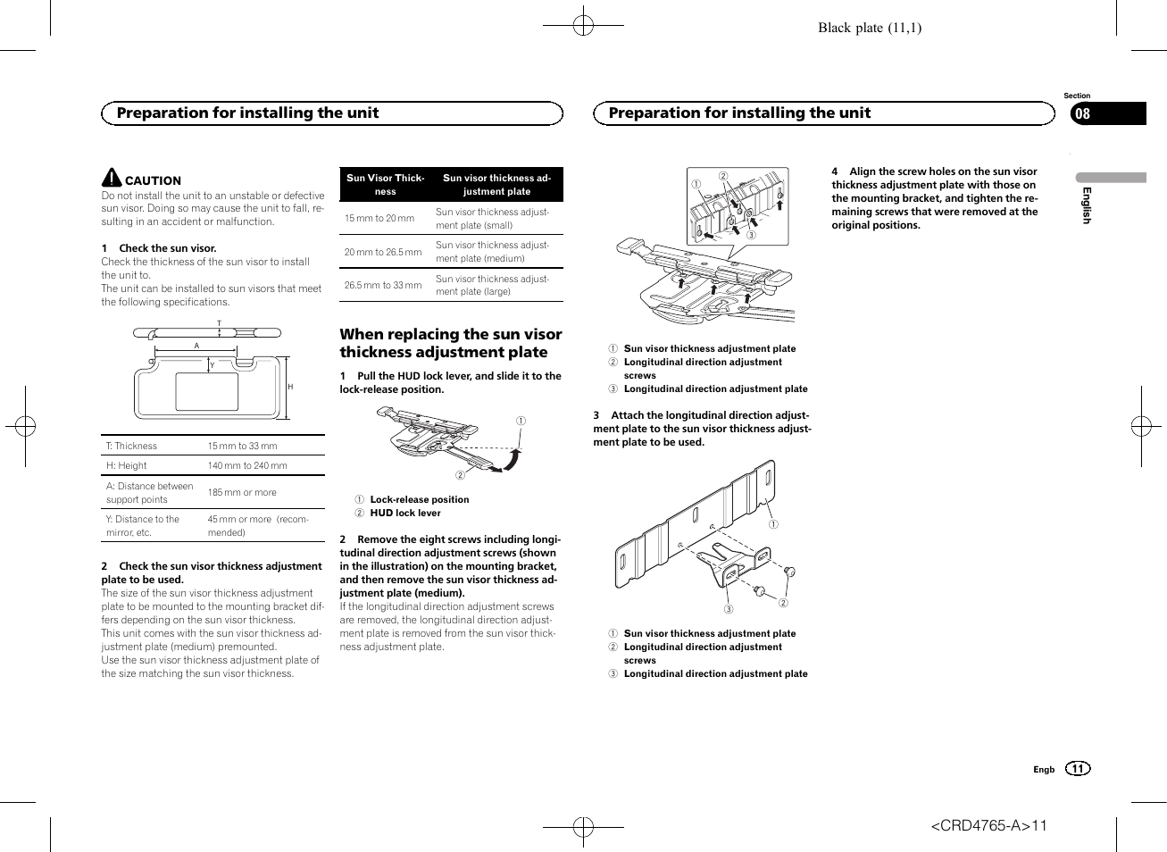 Adjustment plate, Preparation for installing the unit | Pioneer SPX-HUD01 User Manual | Page 11 / 148