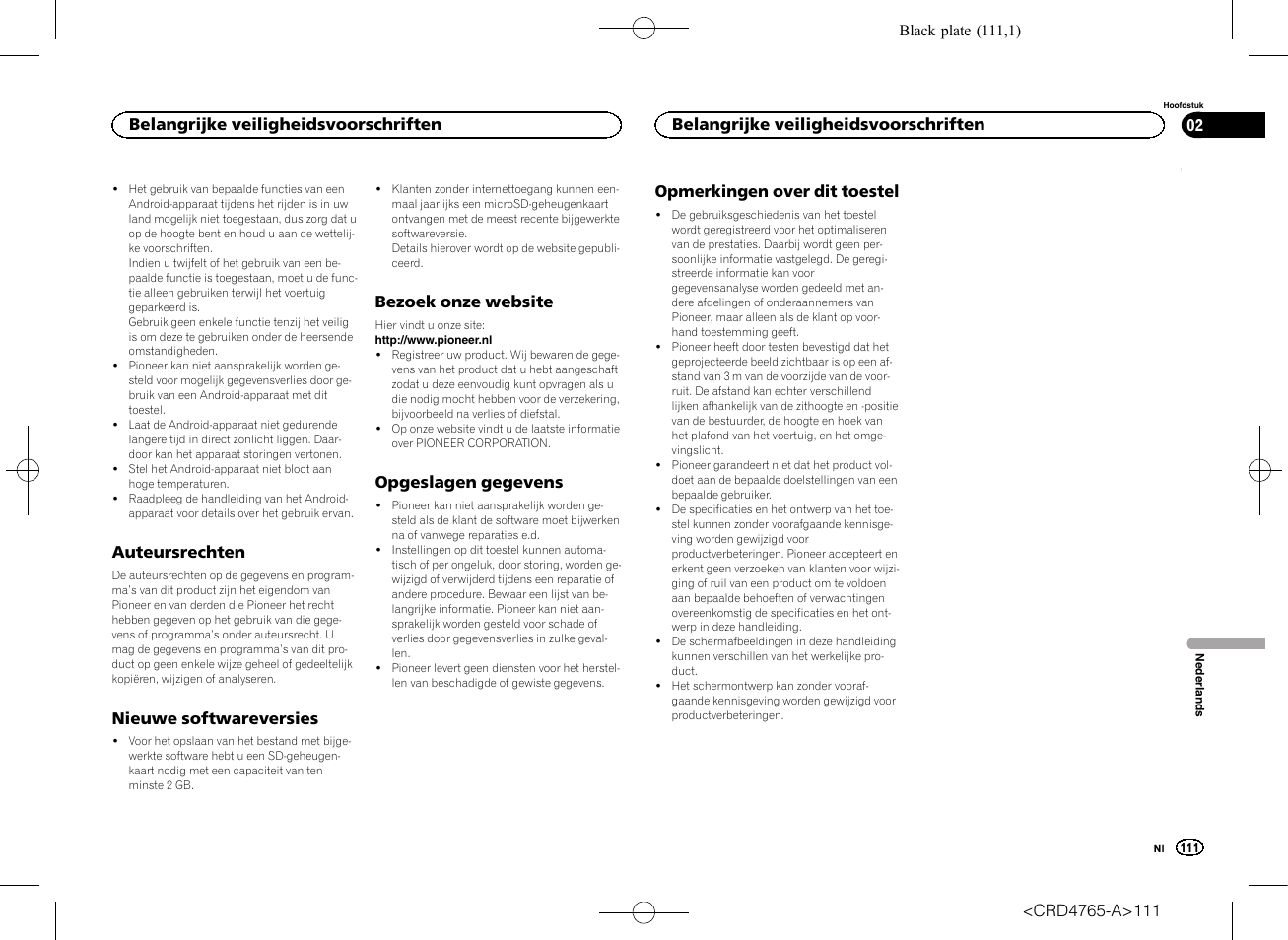Auteursrechten, Nieuwe softwareversies, Bezoek onze website | Opgeslagen gegevens, Opmerkingen over dit toestel | Pioneer SPX-HUD01 User Manual | Page 111 / 148