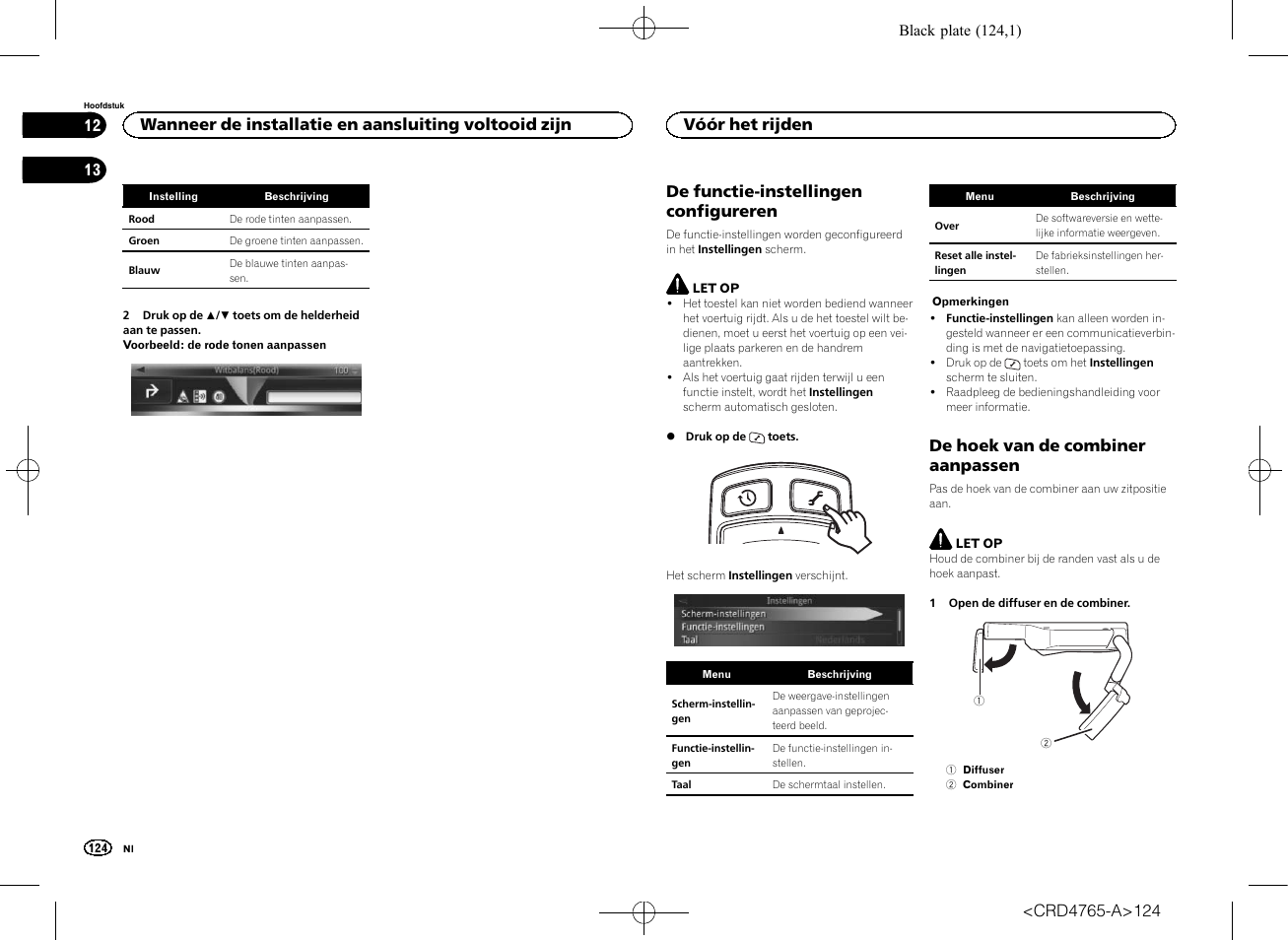 De hoek van de combiner, Aanpassen, De functie-instellingen configureren | De hoek van de combiner aanpassen, Vóór het rijden | Pioneer SPX-HUD01 User Manual | Page 124 / 148
