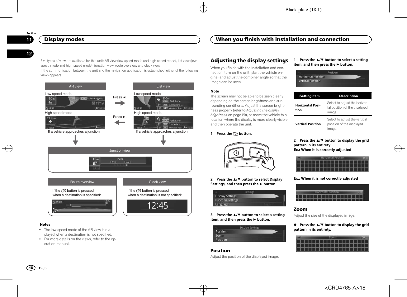 Display modes, Position, Zoom | Adjusting the display settings, When you finish with installation and connection | Pioneer SPX-HUD01 User Manual | Page 18 / 148