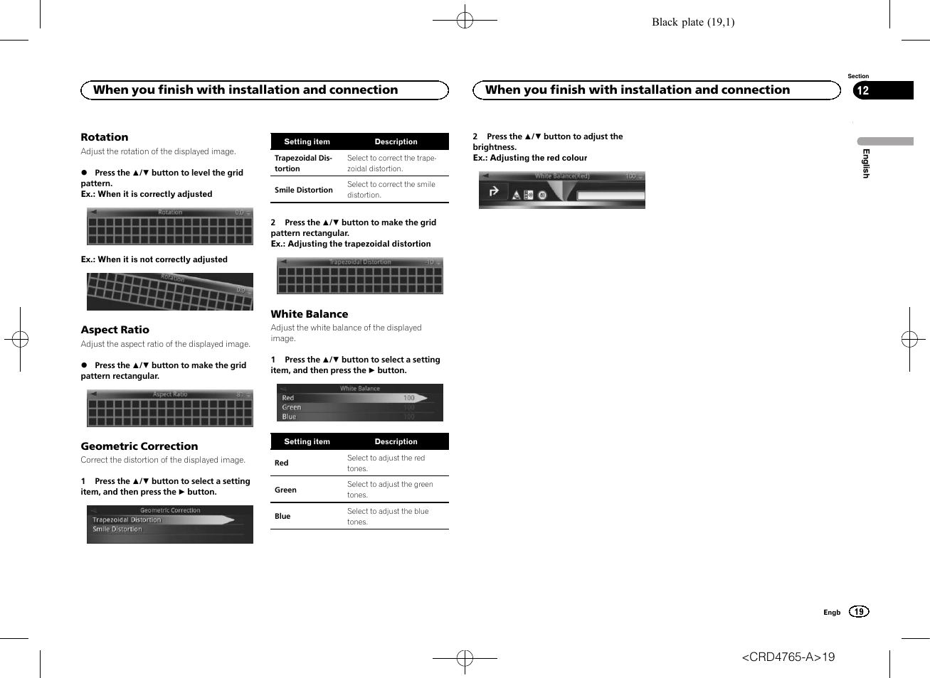 Rotation, Aspect ratio, Geometric correction | White balance, When you finish with installation and connection | Pioneer SPX-HUD01 User Manual | Page 19 / 148